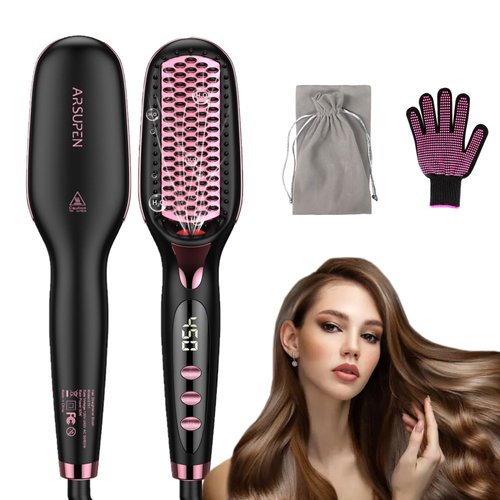 Hair Straightener Brush, Rapid Heating Ion Hair Straightening Brush for Women with Anti-Scald, Auto Temperature Lock and Auto-Off, 16 Heat Levels, LCD Screen for Home Travel, Portable