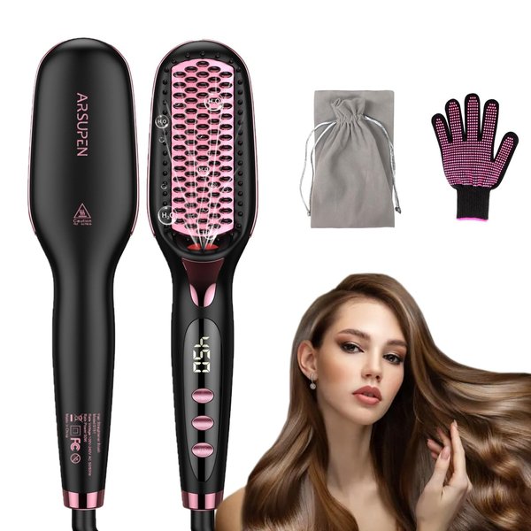 Hair Straightener Brush, Rapid Heating Ion Hair Straightening Brush for Women with Anti-Scald, Auto Temperature Lock and Auto-Off, 16 Heat Levels, LCD Screen for Home Travel, Portable