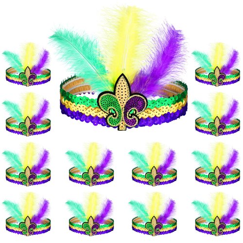 Sanwuta 12 Pcs Mardi Gras Feather Headband Sequins Glitter Hair Band for Masquerade 1920s Carnival Birthday Halloween Party (Classic Style)