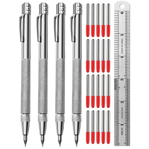 Tungsten Carbide Scriber, Knurled Aluminum Handle, 4-Pack with Bonus Marking Tips and Steel Ruler, Ideal for Detailed Crafting and Carving