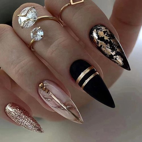 Purple Gradient Long Press on Nails Almond Stiletto Fake Nails with White Purple Tips Curve and Matte Glitter Designs Artificial Point Nails Stick on Nails for Women and Girls 24Pcs