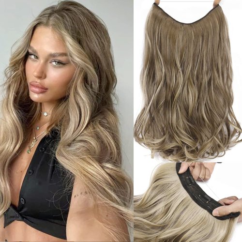 Halo Hair Extensions Thick Invisible Wire Hair Extension 5 Types Adjustable Headwidth Size Wavy Curly Long 18 Inches Artificial Human Hair Hairpiece for Women Girls Heat-resistant Fiber with 2 Pcs Removable Secure Clips (Ash Brown Mix Ash Blonde)