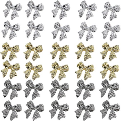 3D Alloy Bow Nail Charms for Acrylic Nails Metal Bows Gold Silver Gray Bow Knot Nail Art Charms Cute Bow Charms Kawaii Bow Nail Accessories Nail Jewels for Women Girls Daily Manicure 30pcs