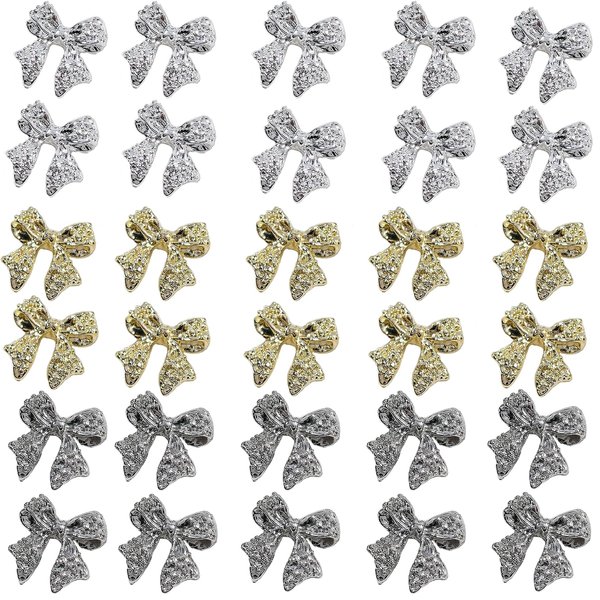 3D Alloy Bow Nail Charms for Acrylic Nails Metal Bows Gold Silver Gray Bow Knot Nail Art Charms Cute Bow Charms Kawaii Bow Nail Accessories Nail Jewels for Women Girls Daily Manicure 30pcs