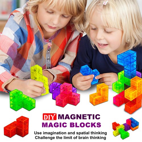 OUXIA Magnetic Building Blocks Magic Magnetic 3D Puzzle Cubes, Set of 7 Multi Shapes Magnetic Blocks with 54 Guide Cards,Parent-Child Interactive Children's Educational Toys (7color)