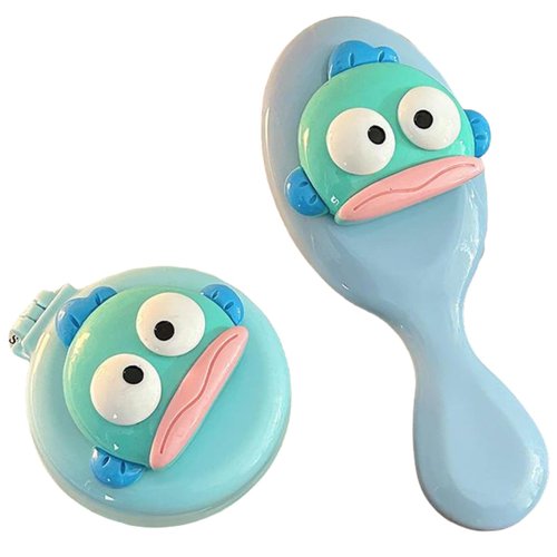 Candy Coloer Cute Cartoon Air Cushion Comb Set for Adults & Kids Hair - Detangler Brush for Natural, Curly, Straight, Wet or Dry Hair, Foldable Mirror Included (Blue (Fold + Hand))
