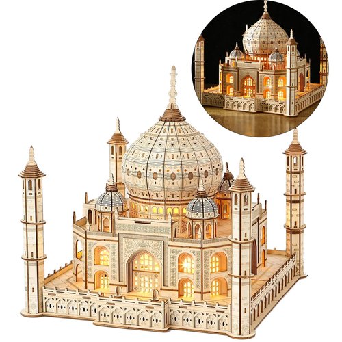 QBTTeCe 3D Wooden Puzzles for Adults,388 Pcs LED 3D Taj Mahal Wooden Puzzle, 3D Wooden Model Building Kits for Adults Log Making/No Glue or Other Tools Required Best Creative Gift for Boys/Girls