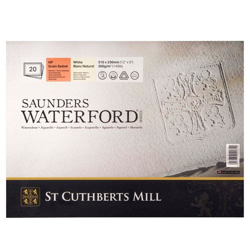 St. Cuthberts Mill Saunders Waterford Watercolor Paper Block - 12x9-inch White 100% Cotton Watercolor Paper - 20 Sheets of 140lb Hot Press Watercolor Paper for Gouache Ink Acrylic Charcoal and More