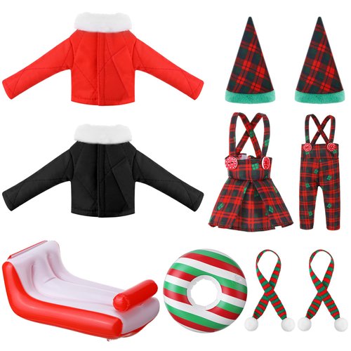 Foilswirl 10 Pcs Christmas Elf Doll Accessories Set Xmas Elf Doll Clothing Inflatable Sled Snow Tube Down Coat Christmas Hat Scarf Plaid Skirt Pants for Boys and Girls Christmas Elves Doll Decoration