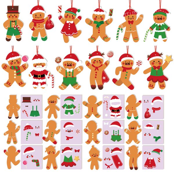72 Pcs Christmas Ornament Crafts Make Your Own Gingerbread Man Ornament Kit DIY Christmas Cutouts with Gingerbread Cookies Man Crafts Stickers for Christmas Tree Home Classroom Holiday Party Supplies