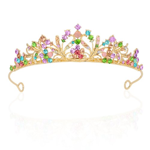 TIOSRU Gold Princess Tiara for Little girls, Multicolor Crystal Tiaras and Crowns for Women Rainbow Crown Rhinestone Crown for Wedding Quinceanera Prom Birthday Party Decoration Crown Cake Topper