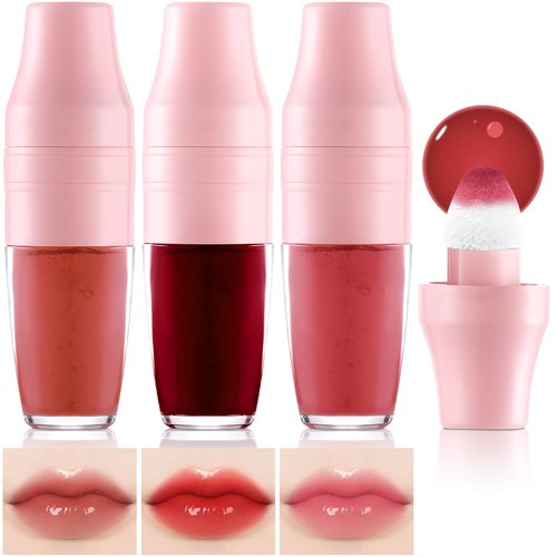 Wugbc Lip Stain Tint 3 Colors Set, Long Lasting Moisturizing Sponge Tip Applicator Tinted Lip Gloss, Multi-Use Non-Stick Cup Liquid Lipstick for Women Lips Cheek Eye Makeup