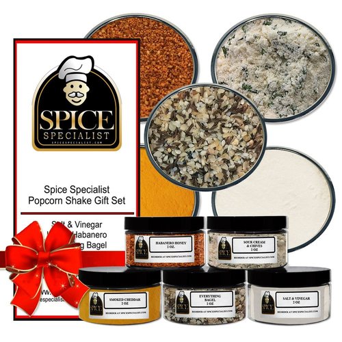 Popcorn Chip Snack Seasoning Gift Set - Contains: 5 Assorted Plastic Jars (1 each of: Salt & Vinegar, Honey Habanero, Everything Bagel, Smoked Cheddar, Sour cream & Chive)