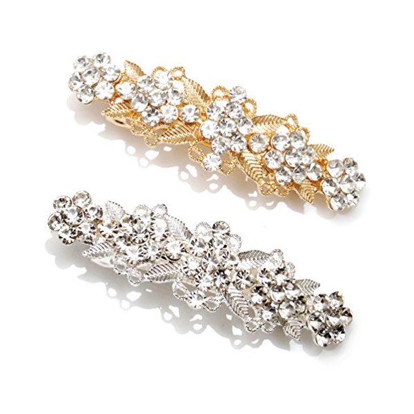 Luxxii - Clear Fancy Rhinestone Crystal Hair Barrette Clip Hair Pin (Pack 2, Silver & Gold Tone_C)