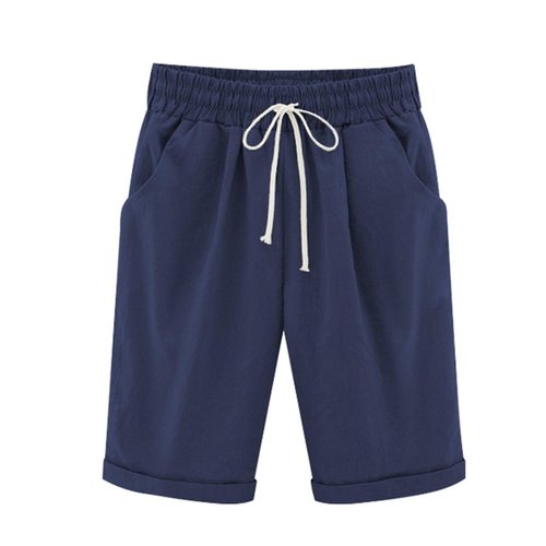 Vcansion Women's Loose Elastic-Waisted Bermuda Drawstring Casual Shorts Dark Blue Asian 4XL/US 12-14