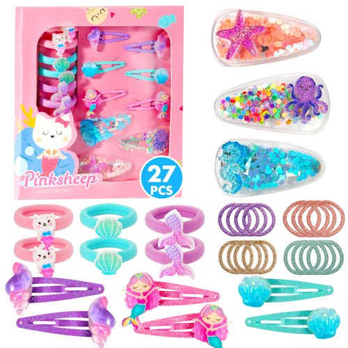 Pinksheep Mermaid Hair Accessories Set for Toddler Girls: 27Pcs Kids Mermaid Hair Clip for Ariel Baby Girl Terry Ponies Elastics-Little Girls Hair Toy Birthday Costume Party Gifts for ages 3-8