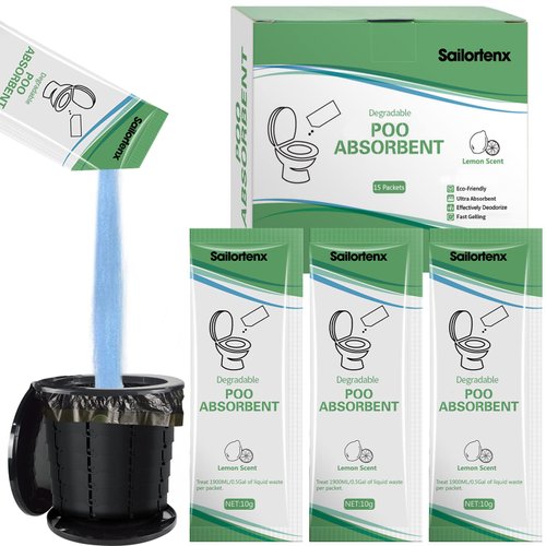 15 Pack Poo Absorbent for Portable Toilet, Camping Toilet Chemicals, Eco Degradable Absorbent Gel Liquid Waste Gelling and Deodorizing Absorbent Emergency Toilet Waste Treatment