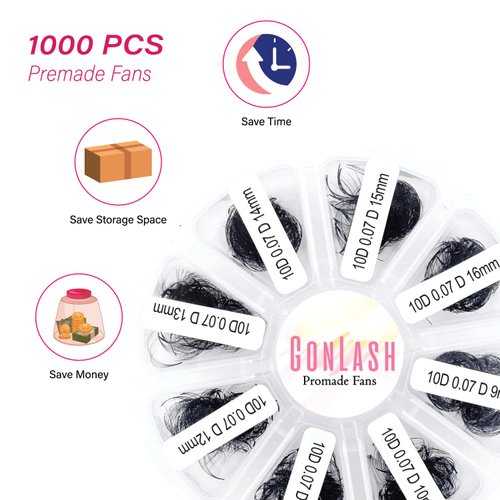 GON Lash 1000 Fans Tray Volume Lash Extensions Mixed length | Premade Fans Eyelash Extensions | Mega Lash Extension | Promades Eyelash Fans | 5D, D Curl, 9-16mm