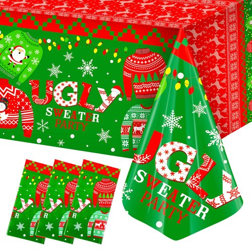 Christmas Plastic Tablecloth Christmas Table Cover Set Ugly and Sweater Party Tablecloth Xmas Swe...