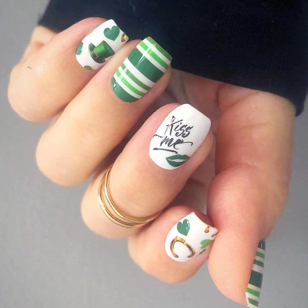 St. Patrick's Day Press on Nails Short Square Fake Nails Green Stripes Acrylic Nails Full Cover Green False Nails with Design Green Hearts Lip Irish Holiday Glue on Nails for Women Girls DIY Manicure