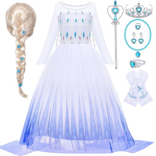 G.C Elsa Dress Costume for Girls Toddler Princess Dress Up Clothes With Cape Crown Wig Gloves Wand Necklace Accessories Toys Halloween Cosplay Birthday Party Favors for Girls Aged 3 4 5 6-10