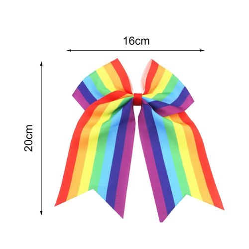 2 Pack Jumbo Rainbow Cheer Hair Bows - 8 Inch Ponytail Holders with Elastic Bands, Cheerleading Hair Accessories for Gay Pride Day