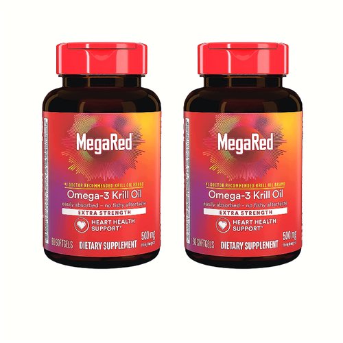 Megared Omega-3 Fish Oil Supplement 500mg Extra Strength Softgels (80 Count in A Box), Krill Oil No Fishy Aftertaste (Pack of 2)