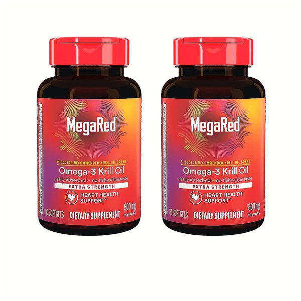 Megared Omega-3 Fish Oil Supplement 500mg Extra Strength Softgels (80 Count in A Box), Krill Oil No Fishy Aftertaste (Pack of 2)