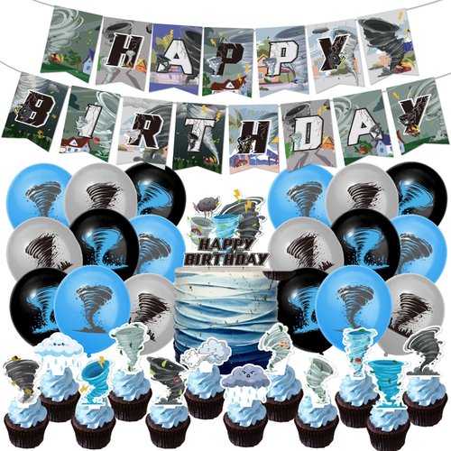 Tornado Birthday Party Decorations Set Tornado Party Supplies Includes Tornado Birthday Banner, Cake Topper, Cupcake Toppers, Balloons for Baby Shower Kids Birthday Party Decor