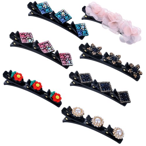 SENNI 7PCS Sparkling Crystal Stone Braided Hair Clips Hairpin Duckbill Clip with 3 Small Clips Flowers For Womens Girls Satin Fabric Hair Bands, Rhinestone Hair Clips Hair Accessories Gift (Style 6)