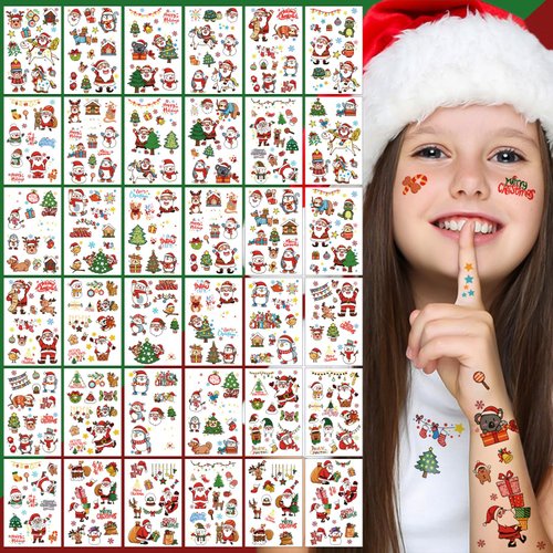252+ PCS Christmas Temporary Tattoos For Kids Men Women, 36 Sheets Xmas Tree Santa Claus Tattoos Stickers, Christmas Stocking Stuffers Gifts Fake Tattoos for Adult Party Supplies Favors Decors