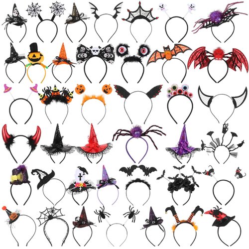 Retrowavy 40 Pcs Halloween Headband Assorted Halloween Element Hair Bat Spider Web Pumpkin Witch Hat Headbands for Adult Halloween Cosplay Accessories Costume Party