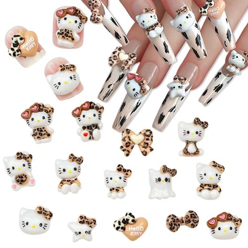 Foweso Hello Kitty Nail Charms 60Pcs Cute Hello Kitty Leopard Print Cat Nail Art Charms Jewelry Supply Hello Kitty Nail Jewelry Gems Rhinestones for Women DIY Craft Phone Case Decoration