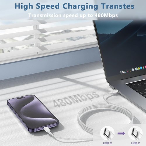 OEGYU 3/6FT Fast Charger Cable for iPhone 15/16/16 Pro Max/Plus Cable, USB C to USB C iPhone 15/16 Charging Cord, iPad Pro 13 12.9 11 inch Type C Adapter Power Cord (USB 2.0, 1Pack, Woven, White)