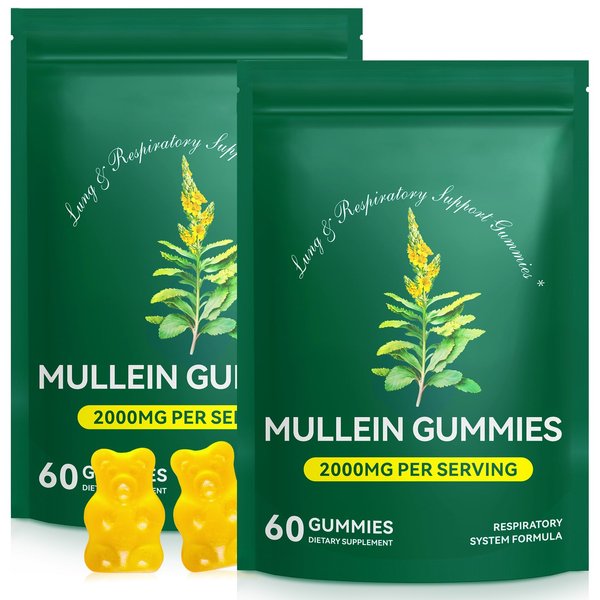 Tooffi Mullein Gummies for Lung Detox,2PACK Mullein Leaf herb Extract for Lung Cleanse Support, 2000mg Organic Mullein Herb Supplement for Daily Respiratory Health Gummies 60 Gummies