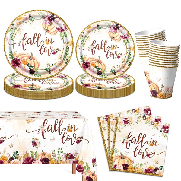 Fall in Love Bridal Shower Decorations,Fall Floral Pumpkin Disposable Tableware Set Includes Fall Dinner Plate,Tablecloths,Cup for Bridal Shower,Anniversary,Wedding Decorations