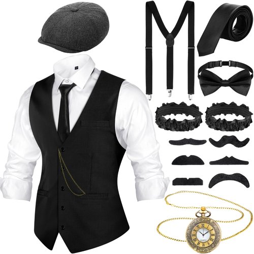 Foaincore 1920s Mens Costume 20s Accessories Outfit with Gangster Vest Hat Vintage Pocket Watch Suspenders(Black, Medium)
