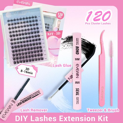 DIY Lash Extension Kits: 3D Eyelash Cluster 120pcs Individual Mix 8-16mm, C Curl Wispy Lash Clusters with 10ml Bond and Seal Waterproof, 5ml Lash Remover, Lash Tweezers lash Cluster Kit at Home.