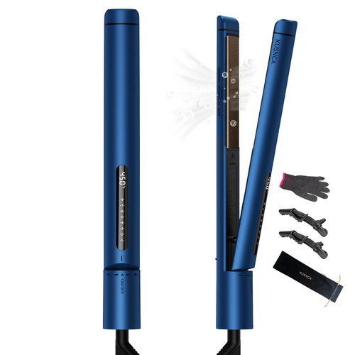 KUSNCA Professional Flat Iron Hair Straightener and Curler Iron 2 in 1, Ceramic Negative Ion Straightening, Dual Voltage Travel Pack, Front Anti-Scald Function, LCD 230°F-450°F, 1 Inch (Blue)