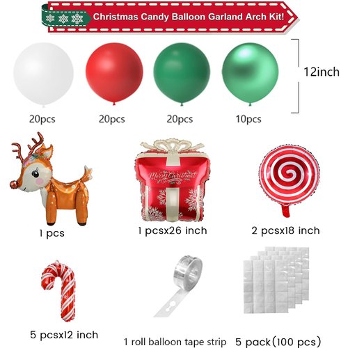 ZFUNBO Christmas Balloons Garland Arch Kit, 85 Pcs Red Green White Balloons with Candy Elk Santa Claus Gift Box Mylar Balloons for Candy Theme Baby Shower Birthday Christmas party Decoration