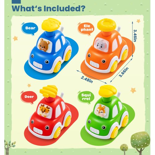 Press and Go Car Toys for Toddlers 1-3, 4 Pack Animal Baby Car Toys for 1 2 Year Old Boy, Push Go Friction Vehicle Toys for Infants 6-9-12-18 Months, One First Birthday Gifts for Boys Girls