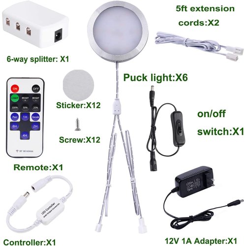 AIBOO Linkable Under Cabinet LED Lighting Kit 12V Slim Dimmable LED Puck Lights with Wireless Controller & UL Listed Wall Plug for Under Counter Lights, Display, Book Case Lighting(6 Pcs, 6000K)