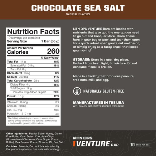 MTN OPS Venture Bar | Chocolate Sea Salt Energy Bar | 10g Protein + Gluten-Free Nutrient Dense Peanut-Based Raw Energy Bar | 10 Bars per Box