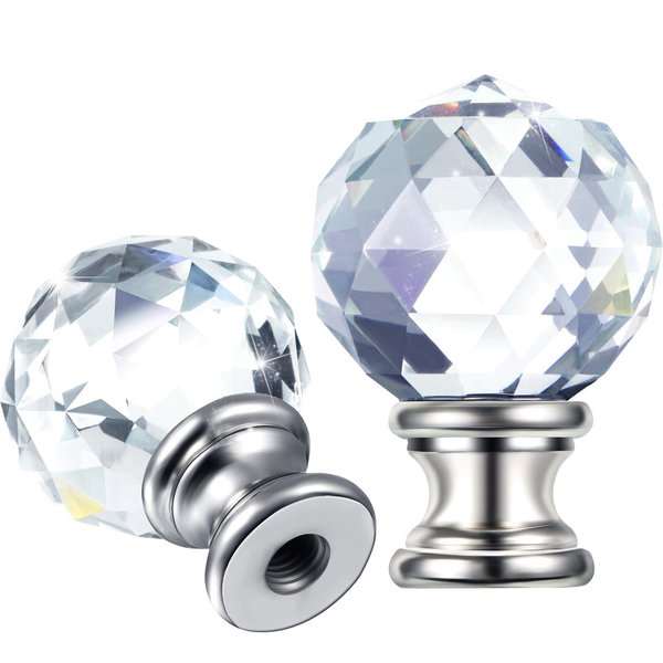 Mudder 2 Pieces Crystal Lamp Finial Lamp Cap Knob Lamp Screw Topper Clear Lamp Finial with Polished Chrome Base 1-3/4 Inches Diamond Knob for Lamp Shade Lamp Decorations (Silver Base)