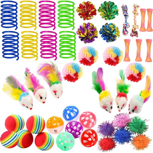 KITCHSTAR 46 PCS Cat Toys for Indoor Cats, Kitten Toys with Cat Spring Toy, Mint Catnip Toys for Cats with Crinkle Cat Toy Mouse Cat Ball Toy for Indoor Cats Kittens Exercise