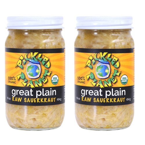 Organic Raw Sauerkraut, "Great Plain" Variety, 16 Oz Glass Jar, (2 Pack)