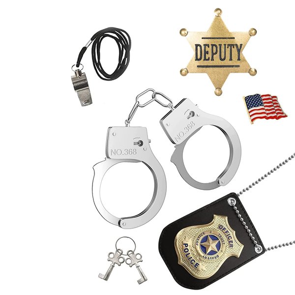 Police Badge Police Pretend Play Toy Set for Metal Handcuffs with Key American Flag Waving Lapel Pins Whistle Halloween NYPD Police Deputy Badge Dress Up Pretend Play Accessory Black