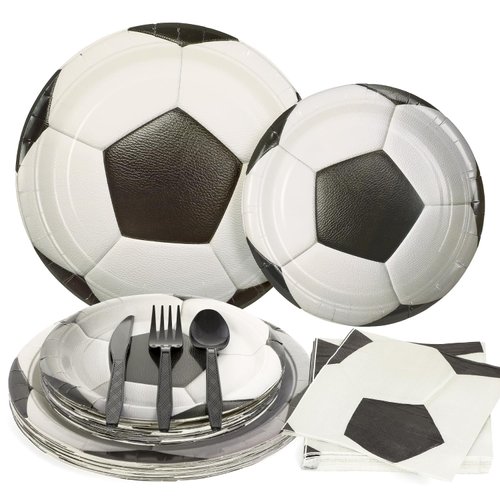 FULJOOY 144 Pcs 3D Soccer Party Supplies Paper Soccer Plates and Napkins Dinnerware Set Tableware Supplies Includes Paper Plates Napkins Forks Serve 24 for Birthday Sports Soccer Party decorations