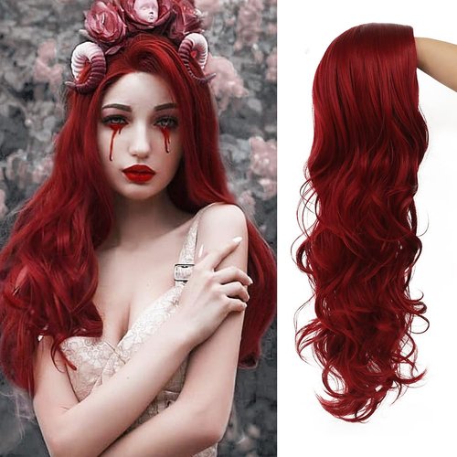 Kaneles Long Red Wavy Wigs for Women Side Part Natural Soft Synthetic Halloween Cosplay Replacement Wig