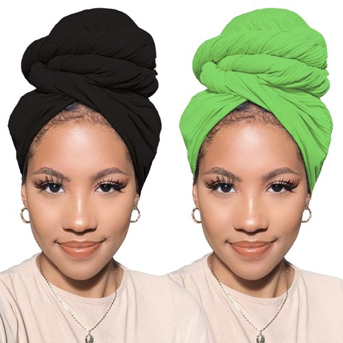 PWEOUKE 2 Pcs Soft Head Wraps for Women Stretch African Head Scarf for Dreads Locs Solid Color Long Breathable Knit Turban Tie Headbands